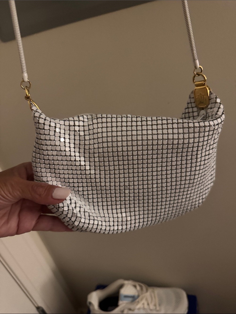 White Metallic Mesh Mini Shoulder Bag with Gold Accents